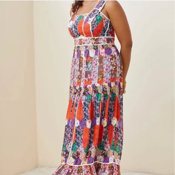 ⭐️ Square Floral Peasant Boho Art Deco Chic Hip Farm Glam Patchwork Maxi Dress - Picture 2 of 9